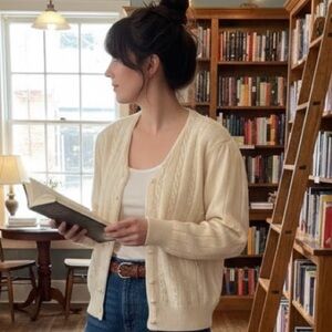 Vintage Functionals by Sears Cream Cardigan, Pearl Details, Lambswool, Angora